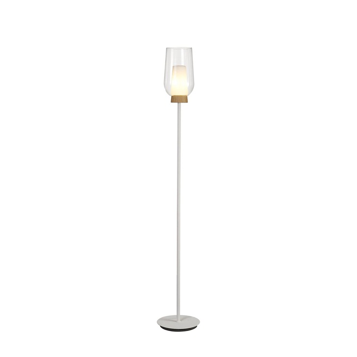 Mantra Nora White Floor Lamp With Clear Glass, Frosted Inner And Wood Detailing