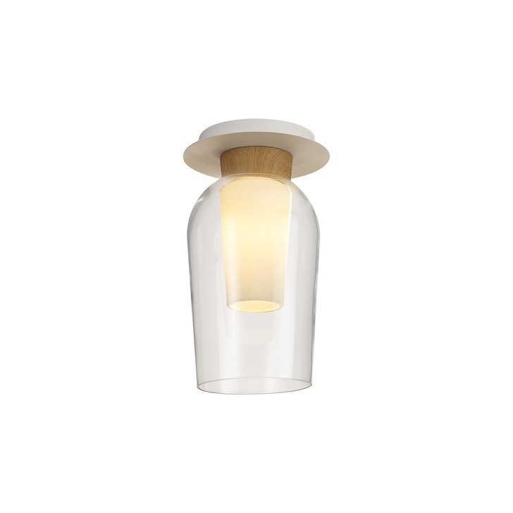 Mantra Nora White Flush Ceiling Light With Clear Glass, Frosted Inner And Wood Detailing