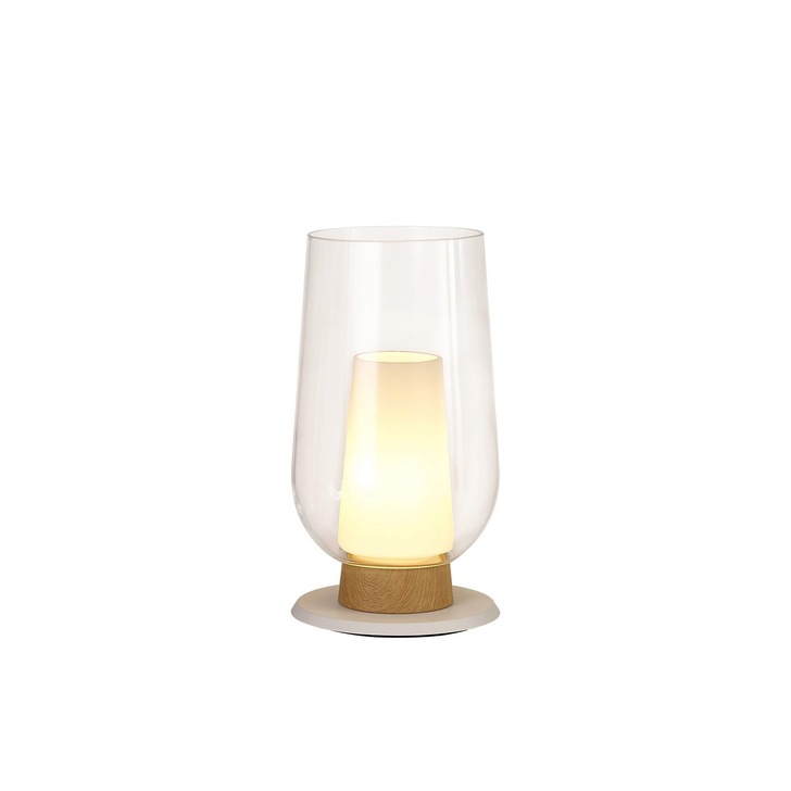 Mantra Nora White Table Lamp With Clear Glass, Frosted Inner And Wood Detailing