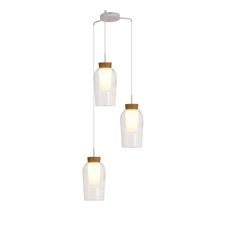 Mantra Nora White/Wood 3 Light Adjustable Pendant Light Complete With Clear Glasses And Frosted Inners