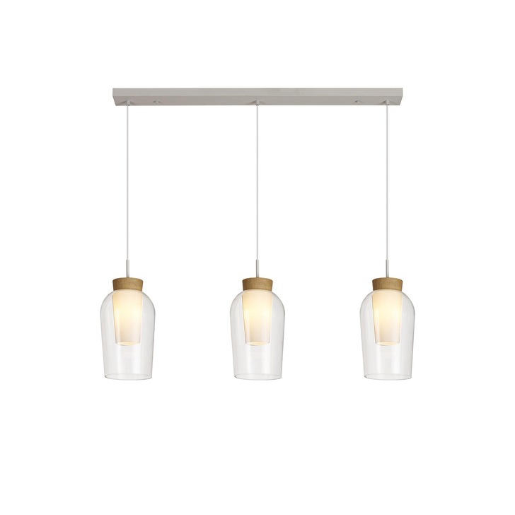 Mantra Nora White/Wood 3 Light Linear Bar Pendant Light Complete With Clear Glasses And Frosted Inners