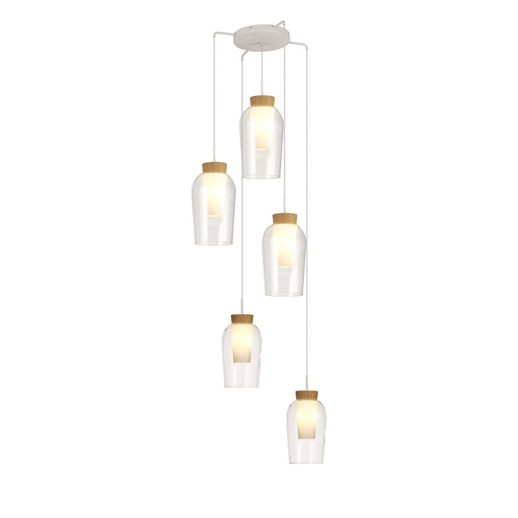 Mantra Nora White/Wood 5 Light Adjustable Stairway Pendant Light Complete With Clear Glasses And Frosted Inners