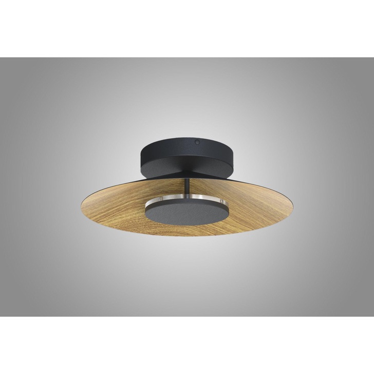 Mantra Orion Medium LED Round Flush Ceiling Light Black With Wood - 3000K