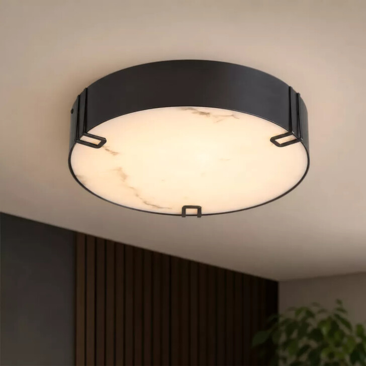 Marmo Black Finish Round Led Flush Bathroom Light Complete With Marble Resin Glass - IP44 - 3000K