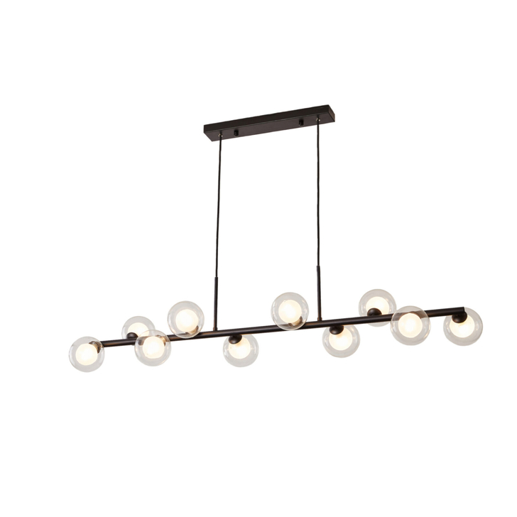 Matt Black 10 Light Linear Bar Pendant With Clear/Opal Glass Globes - Clearance