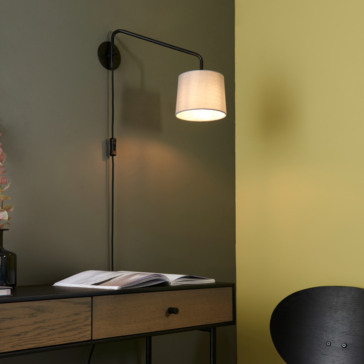 Medley Matt Black Plug In Wall Light Complete With Grey Cotton Shade