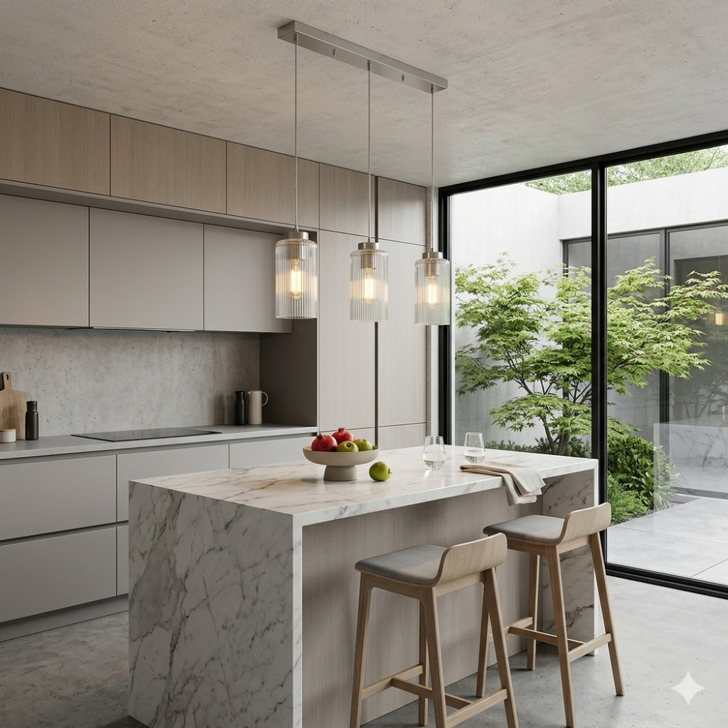 Merlot 3 Light Linear Bar Pendant Satin Nickel With Clear Cylindrical Ribbed Glass - Bespoke