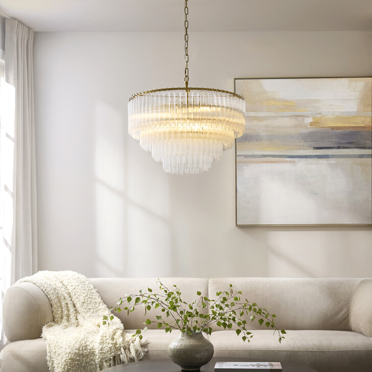 Montpellier 5 Light Brushed Aged Brass Finish Pendant Complete With Clear Ribbed Glass Droppers