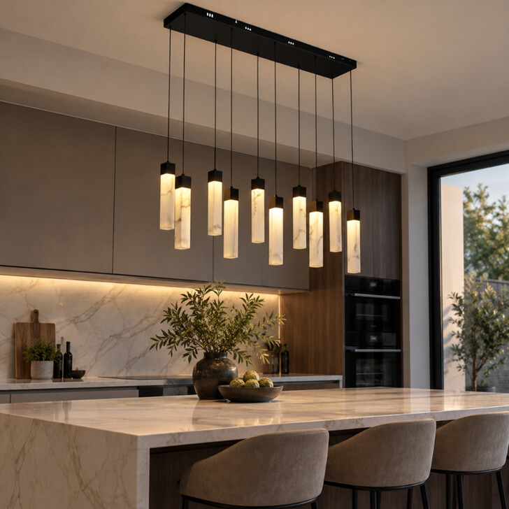 Moonbeam Black Metal And Marbleised Resin Rectangular 10 Light Led Kitchen Island Pendant Light - 3000K - Dimmable