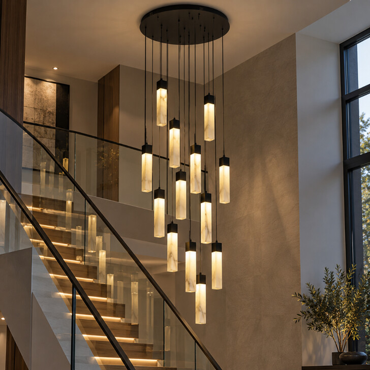 Moonbeam Black Metal And Marbleised Resin Round 13 Light Led Cluster Pendant Light - 3000K - Dimmable
