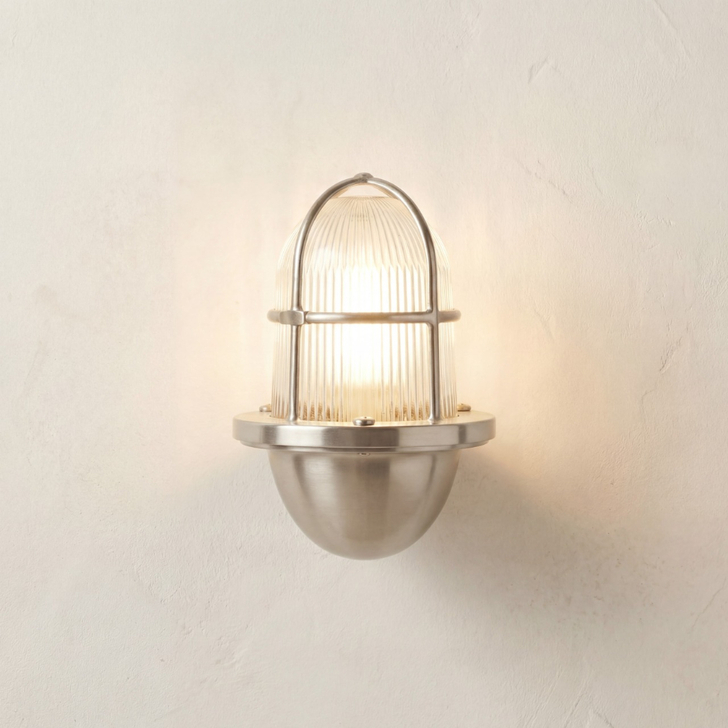 Navigator Armada Satin Nickel Wall Lantern Complete With Ribbed Clear Glass - IP64, Solid Brass, Coastal