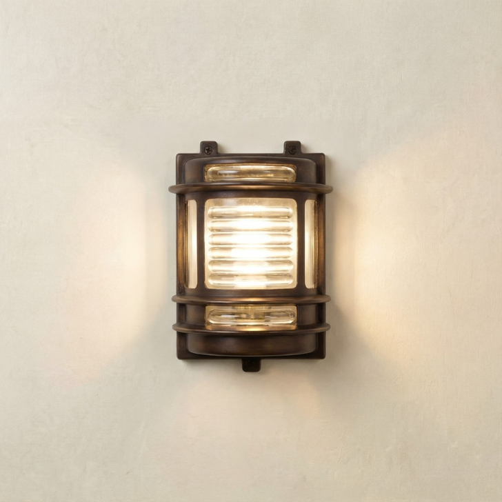 Navigator Cargo Antique Brass Wall Light With Clear Glass - IP64, Solid Brass, Coastal
