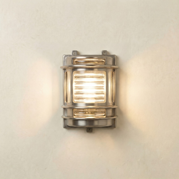 Navigator Cargo Satin Nickel Wall Light With Clear Glass - IP64, Solid Brass, Coastal