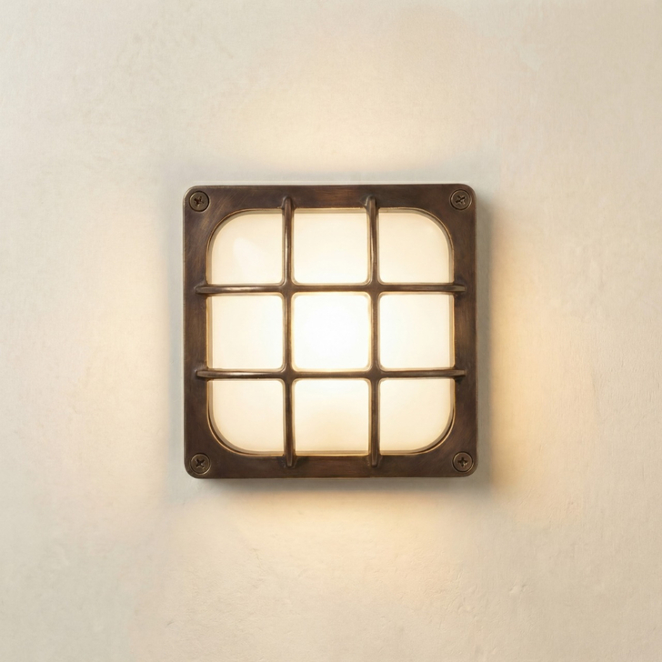 Navigator Francis Antique Brass Square Wall Light - IP64, Solid Brass, Coastal