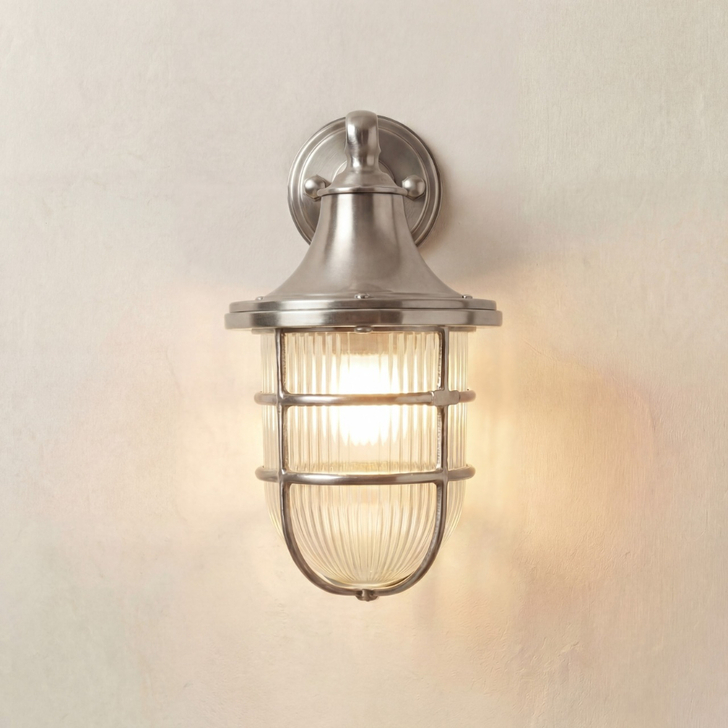 Navigator Grand Tiller Satin Nickel Downard Facing Wall Light With Clear Ribbed Glass - IP64, Solid Brass, Coastal