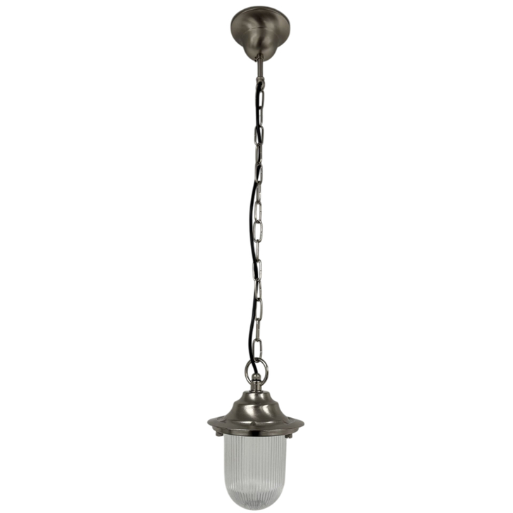 Navigator Hull Satin Nickel Chain Lantern Complete With Clear Ribbed Glass - IP54, Solid Brass, Coastal