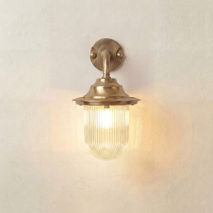 Navigator Quinn Raw Brass Downward Facing Swan Neck Wall Lantern Light With Clear Ribbed Glass - IP64, Solid Brass, Coastal