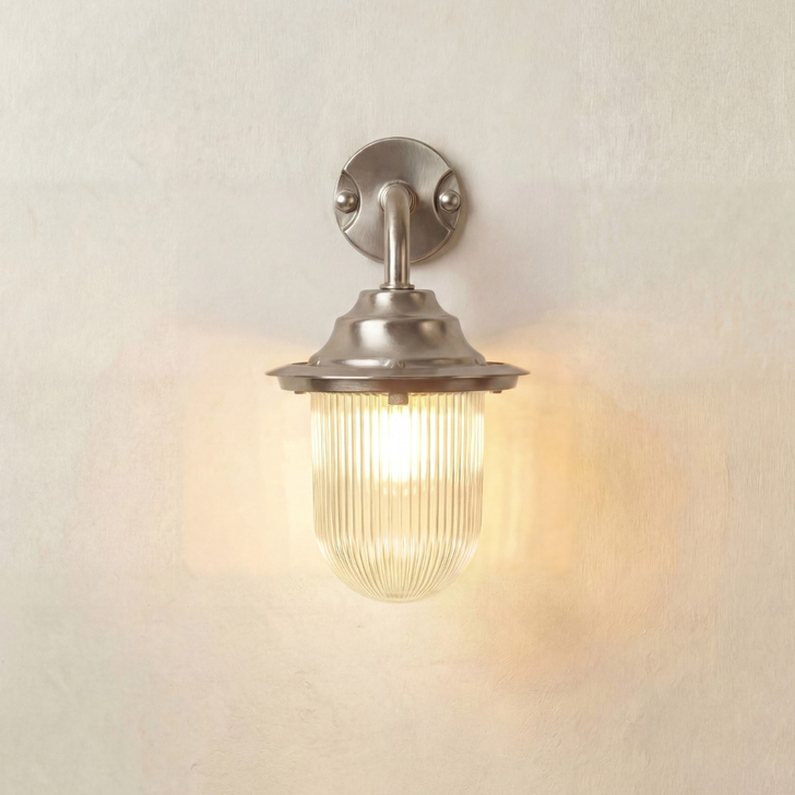 Navigator Quinn Satin Nickel Downward Facing Swan Neck Wall Lantern Light With Clear Ribbed Glass - IP64, Solid Brass, Coastal