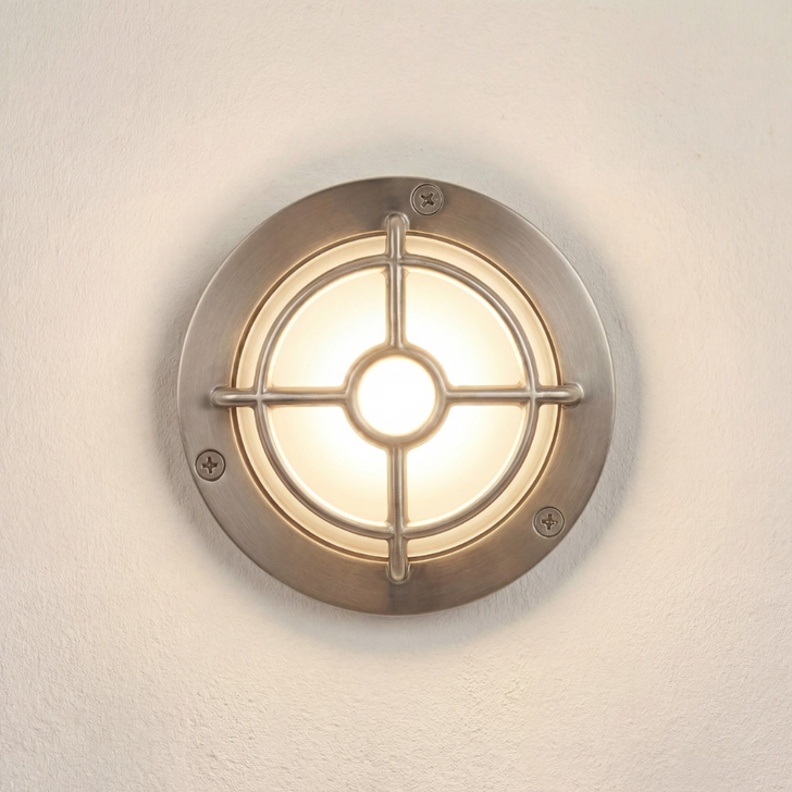 Navigator Walkway Satin Nickel Circular Guard Light - IP65, Solid Brass, Coastal