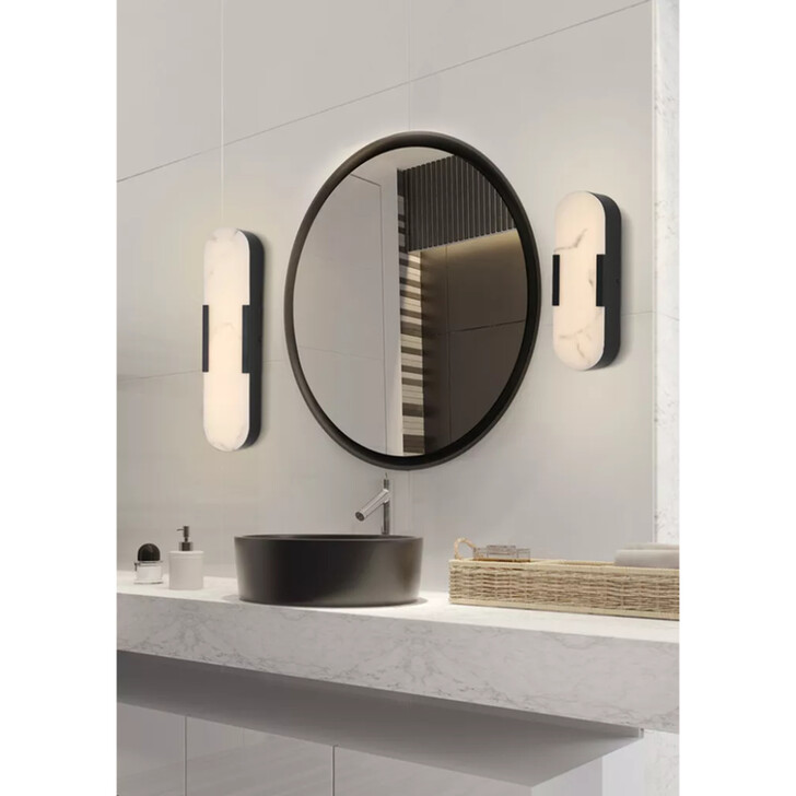 Opaline Large Black Bathroom Led Wall Light Complete With Marble Resin Shade - IP44 - 3000K