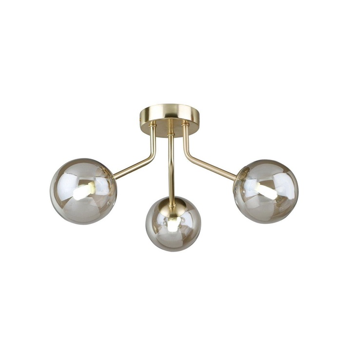 Piper Gold 3 Light Flush Ceiling Light With Cognac Glass Spheres