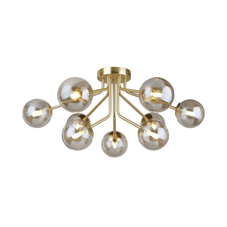 Piper Gold 9 Light Flush Ceiling Light With Cognac Glass Spheres