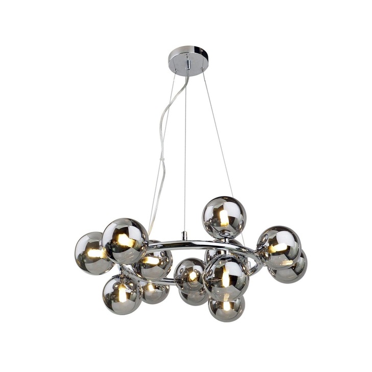 Piper Polished Chrome 15 Light Pendant Complete With Smoked Glass Spheres