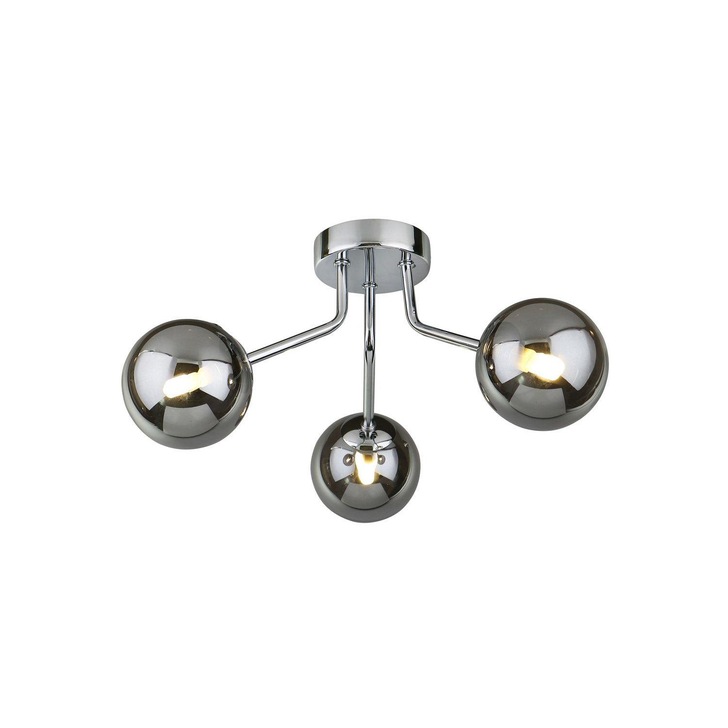 Piper Polished Chrome 3 Light Flush Ceiling Light With Smoked Glass Spheres