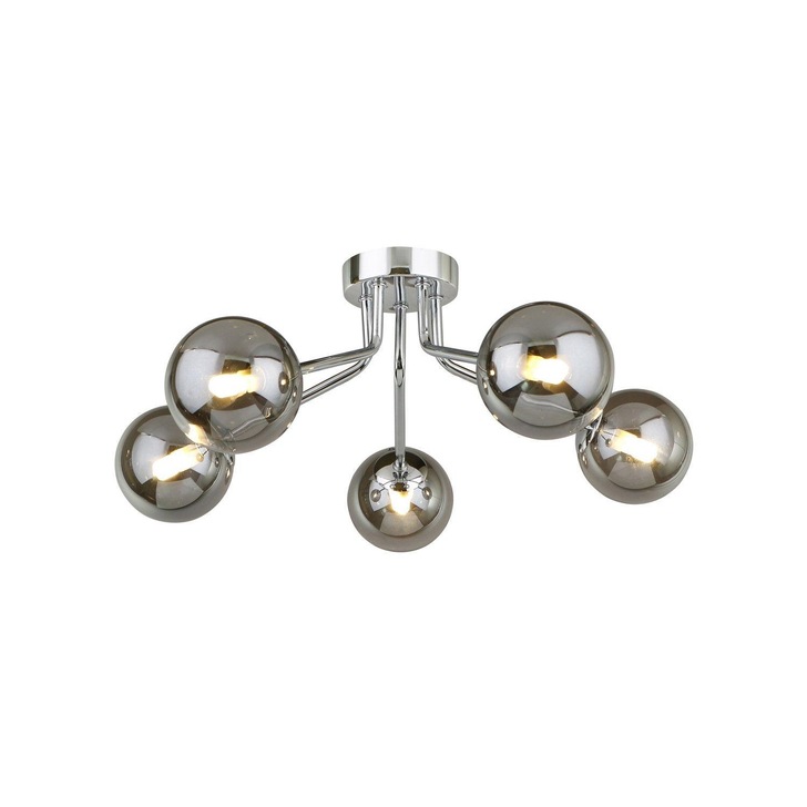 Piper Polished Chrome 5 Light Flush Ceiling Light With Smoked Glass Spheres