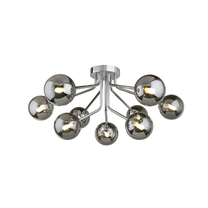 Piper Polished Chrome 9 Light Flush Ceiling Light With Smoked Glass Spheres