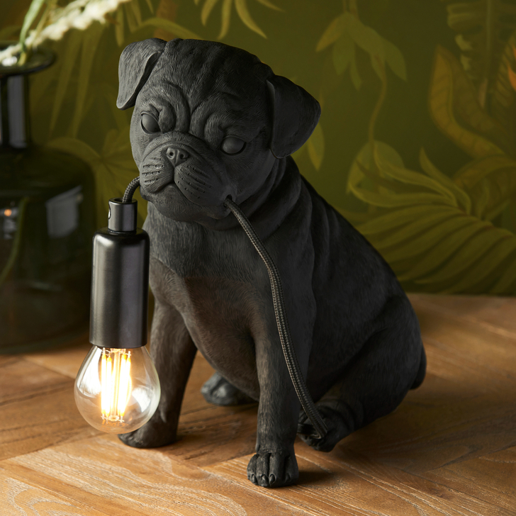 Pug Puppy Figurine Table Lamp In Matt Black