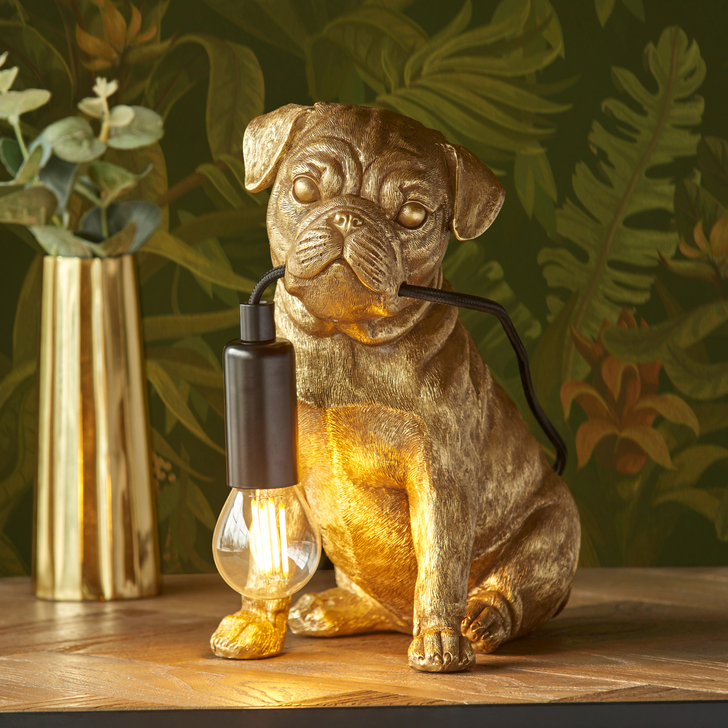 Pug Puppy Figurine Table Lamp In Vintage Gold