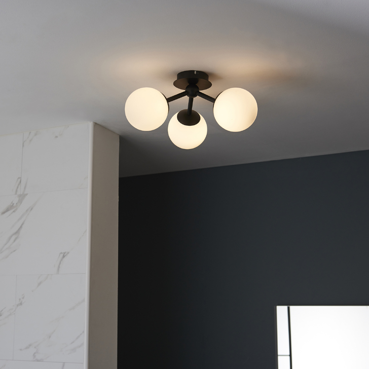 PUL/3-SF Matt Black Flush Ceiling Light Complete With Opal Globes - IP44