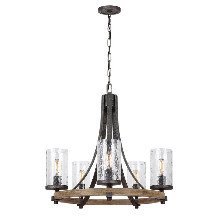 Quintiesse Angelo 5 Light Chandelier In Distressed Weathered Oak And Slate Metal Grey Complete With Cylindrical Clear Wavy Glasses - QN-ANGELO5