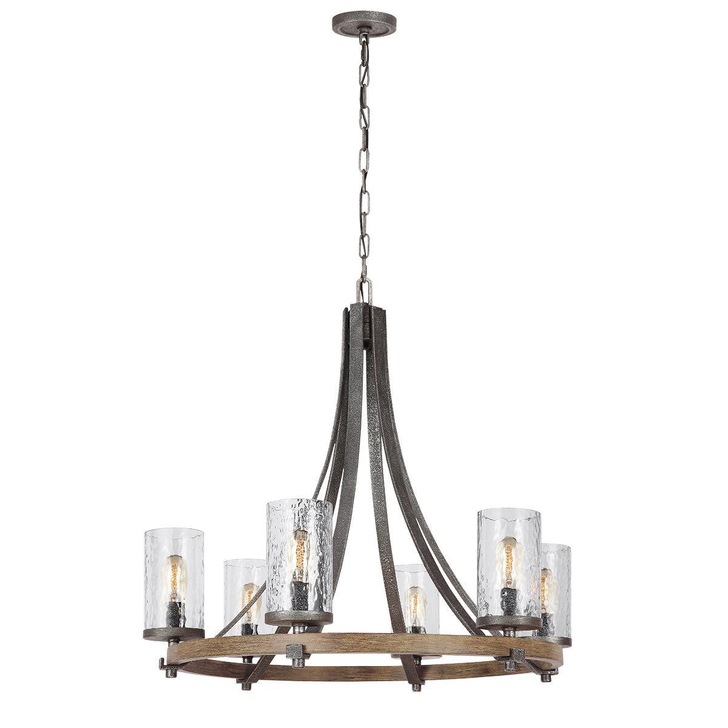 Quintiesse Angelo 6 Light Chandelier In Distressed Weathered Oak And Slate Metal Grey Complete With Cylindrical Clear Wavy Glasses - QN-ANGELO6