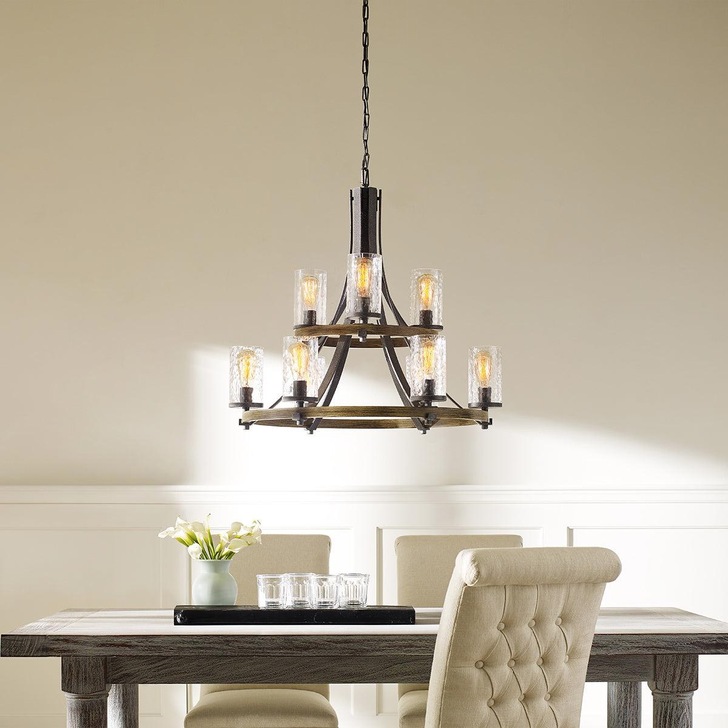 Quintiesse Angelo 9 Light Two-Tier Chandelier In Distressed Weathered Oak And Slate Metal Grey Complete With Cylindrical Clear Wavy Glasses - QN-ANGELO9