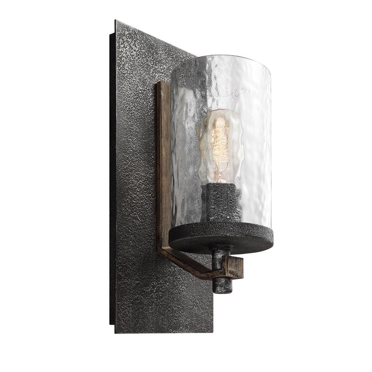 Quintiesse Angelo Single Wall Light Chandelier In Distressed Weathered Oak And Slate Metal Grey Complete With Cylindrical Clear Wavy Glass - QN-ANGELO1