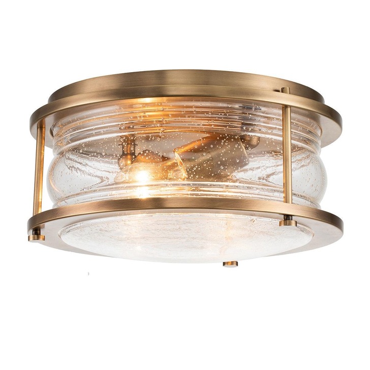 Quintiesse Ashland Bay 2 Light Flush Bathroom Ceiling Light In Natural Brass Finish Complete With Clear Seeded Glass - IP44 - QN-ASHLANDBAY-F-NBR-BATH