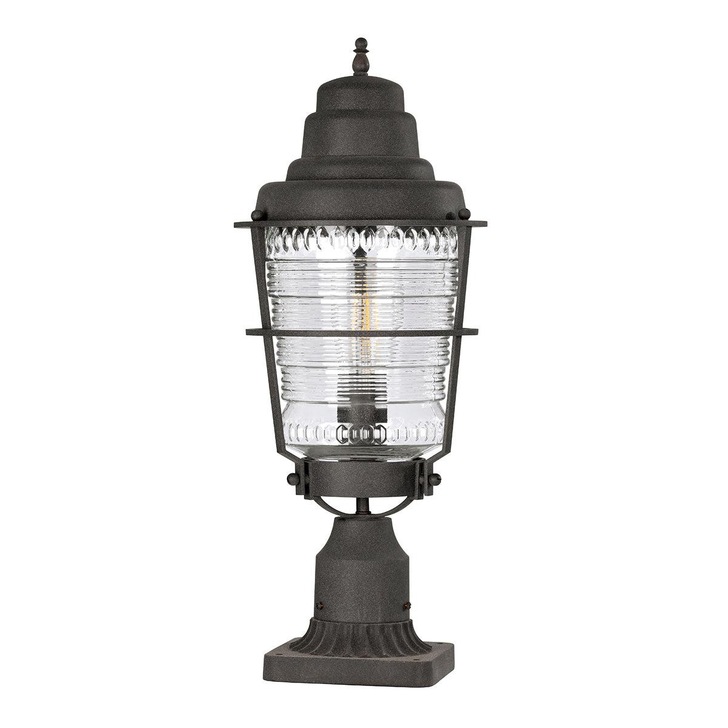 Quintiesse Chance Harbor 1 Oudoor Pedestal Lantern Light In Weathered Zinc Complete WIth Clear Ribbed Glass - IP44 - QN-CHANCE-HARBOR3