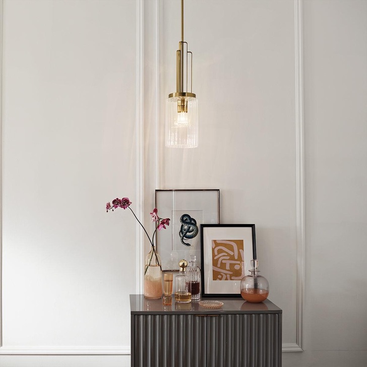 Quintiesse Kimrose 1 Light Mini-Pendant In Brushed Natural Brass Complete With Gently Ribbed Clear Glass Shades - QN-KIMROSE-MP-BNB