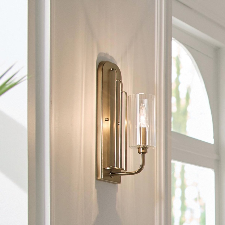 Quintiesse Kimrose 1 Light Wall Light In Brushed Natural Brass Complete With Gently RIbbed Clear Glass Shade - QN-KIMROSE1-BNB