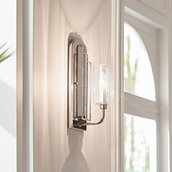 Quintiesse Kimrose 1 Light Wall Light In Polished Nickel Complete With Gently RIbbed Clear Glass Shade - QN-KIMROSE1-BNB