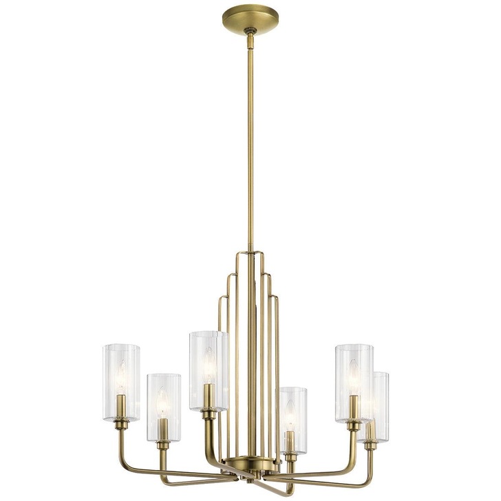 Quintiesse Kimrose 6 Light Chandelier In Brushed Natural Brass Complete With Gently Ribbed Clear Glass Shades - QN-KIMROSE6-BNB