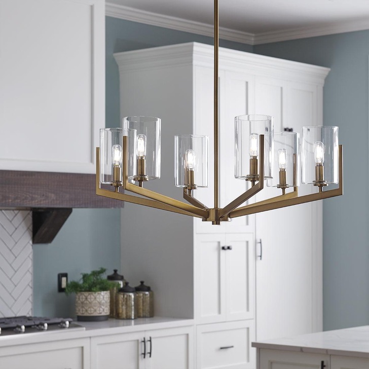 Quintiesse Nye 6 Light Chandelier in Brushed Natural Brass Complete With Clear Glasses - QN-NYE6-BNB