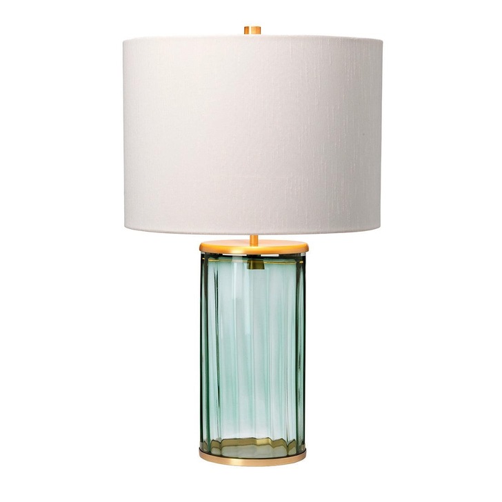 Quintiesse Reno Green Glass Table Lamp Complete With Aged Brass Metalwork And Cream Faux Silk Shade With Gold Metallic Inner - QN-RENO-GREEN-AB