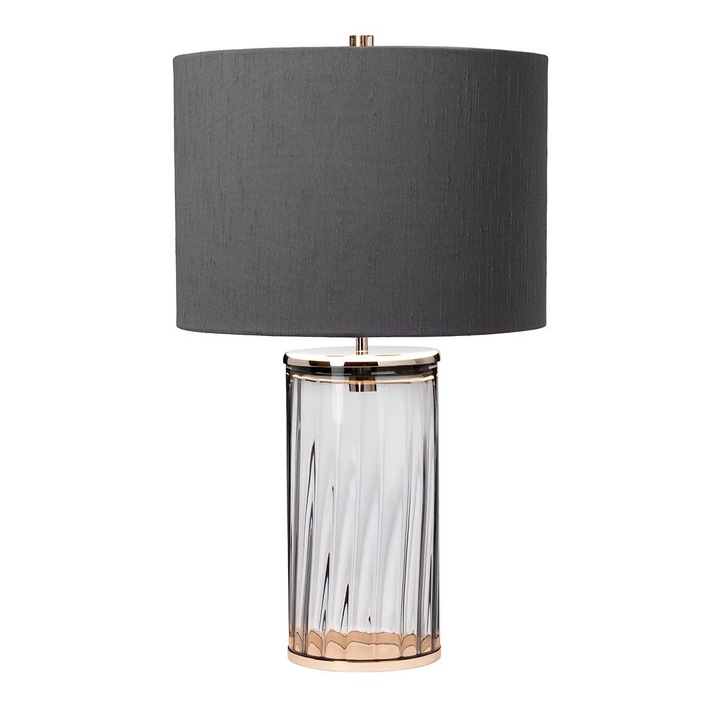 Quintiesse Reno Smoke Glass Table Lamp Complete With Polished Nickel Metalwork And Grey Faux Silk Shade With Silver Metallic Inner - QN-RENO-SMOKE-PN