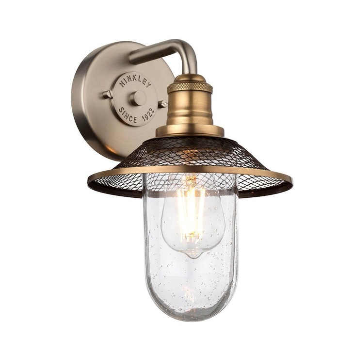 Quintiesse Rigby 1 Light Industrial Bathroom Wall Light In Antique Nickel & Hertiage Brass Complete With Seeded Clear Glass - IP44 - QN-RIGBY1-BATH-AN