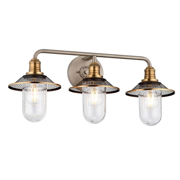 Quintiesse Rigby 3 Light Industrial Bathroom Wall Light In Antique Nickel & Hertiage Brass Complete With Seeded Clear Glass - IP44 - QN-RIGBY3-BATH-AN