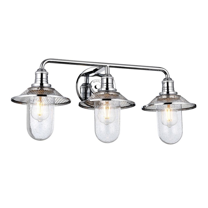 Quintiesse Rigby 3 Light Industrial Bathroom Wall Light In Polished Chrome Complete With Seeded Clear Glass - IP44 - QN-RIGBY3-BATH-PC