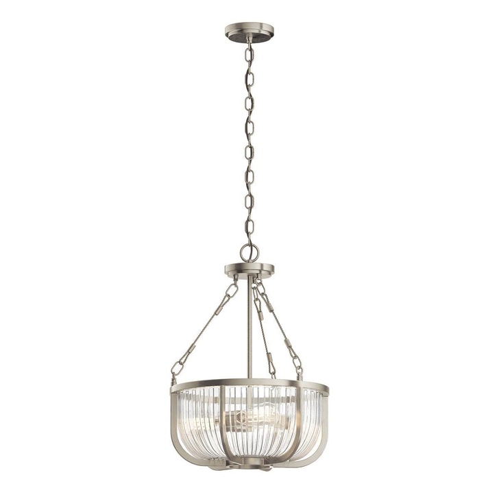 Quintiesse Roux 3 Light Pendant/Semi-Flush In Brushed Nickel Complete With Clear Ribbed Glass - QN-ROUX3-BN